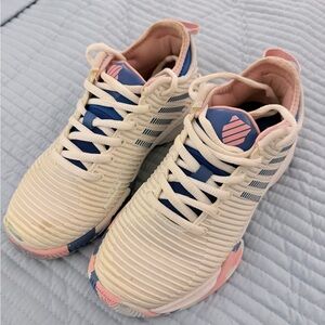 K Swiss White, Blue and Pink Tennis Sneakers